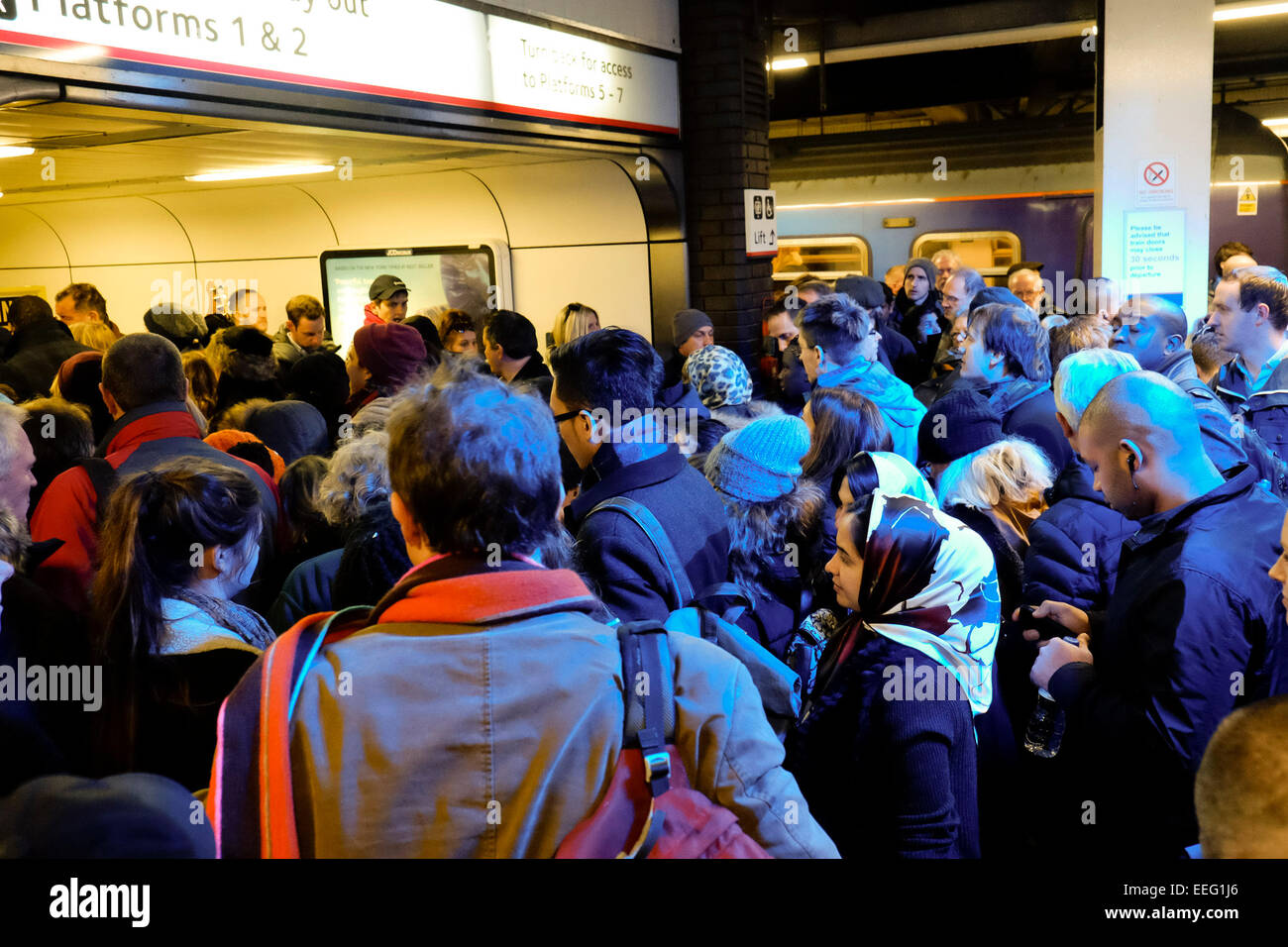 Gatwick Airport, London, UK. 17th Jan, 2015. Southern Rail chaos. The troubled Southern Rail line was thrown into more chaos today as a signaling fault at Three Bridges occurred at the same time as engineering works were taking place on the line. Travelers trying to get from London to the south coast were asked to use at least 3 trains before getting a rail replacement bus service. Pictures show crowds at Gatwick Airport trying to find a way to continue their journey. Credit:  JEP News/Alamy Live News Stock Photo
