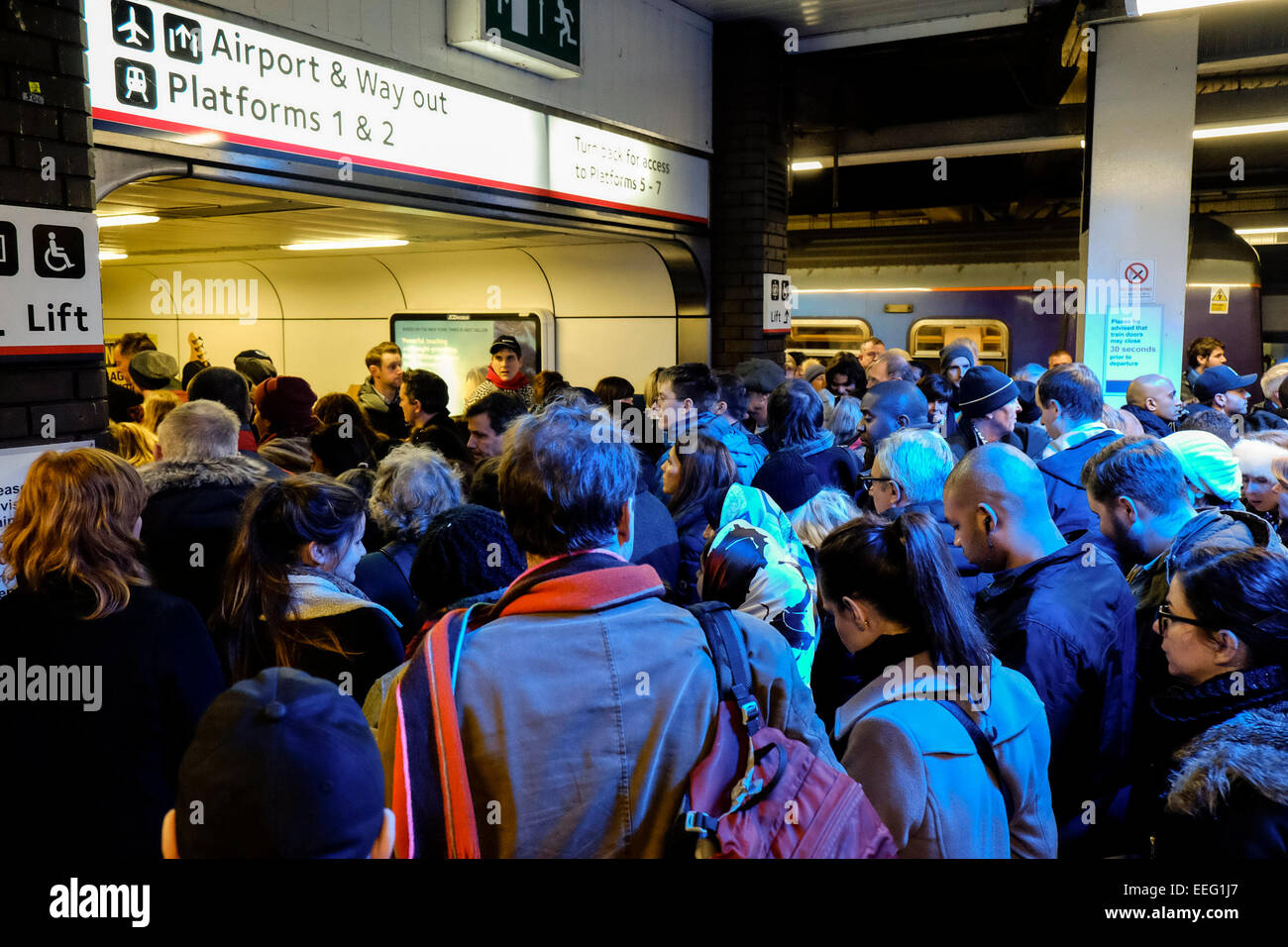 Gatwick Airport, London, UK. 17th Jan, 2015. Southern Rail chaos. The troubled Southern Rail line was thrown into more chaos today as a signaling fault at Three Bridges occurred at the same time as engineering works were taking place on the line. Travelers trying to get from London to the south coast were asked to use at least 3 trains before getting a rail replacement bus service. Pictures show crowds at Gatwick Airport trying to find a way to continue their journey. Credit:  JEP News/Alamy Live News Stock Photo