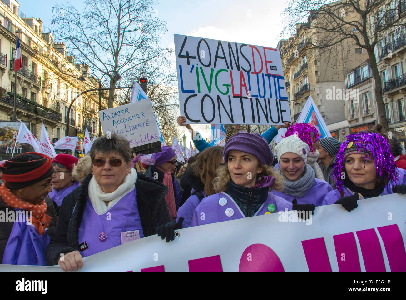 Paris, France, French N.G.O.'s Groups, Feminist Demonstration in Honor of 40th Anniversary of Abortion Law Legalization, Women Holding  Banners, Signs, 'Pro Choice' rally, women's rights movement, pro abortion rally Stock Photo