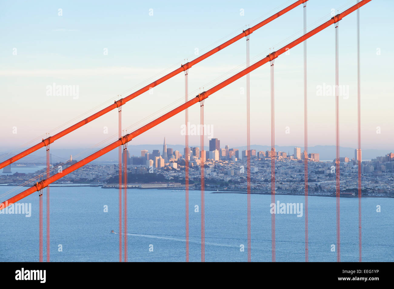 Golden Gate Bridge with the San Francisco city skyline - San Francisco Bay, San Francisco, San Francisco County, California, USA Stock Photo