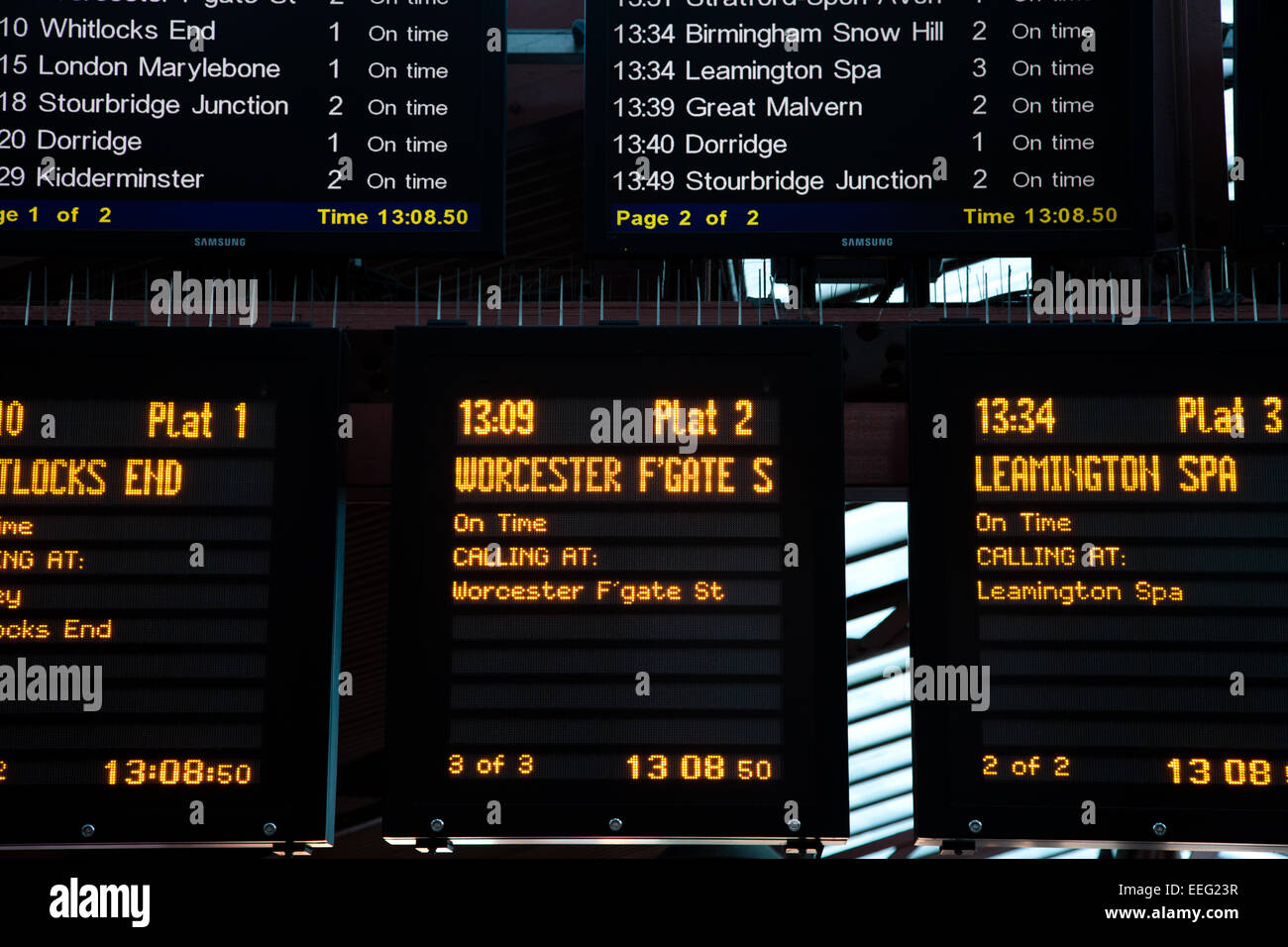 Display board at Moor Street station, Birmingham UK showing train times and destinations/stops Stock Photo