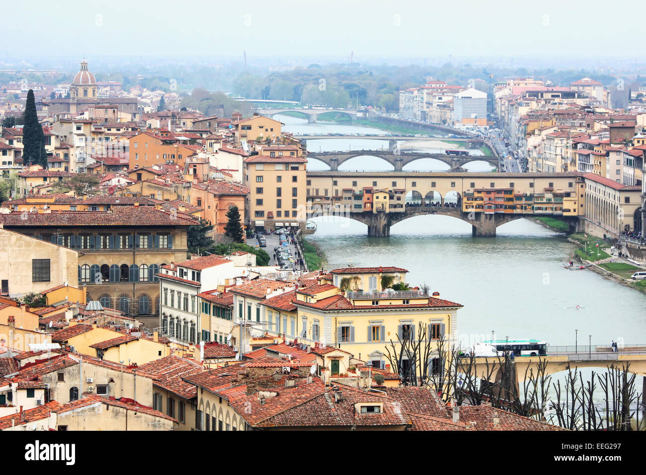 View of Florence with focus on Ponte Vecchio. Stock Photo