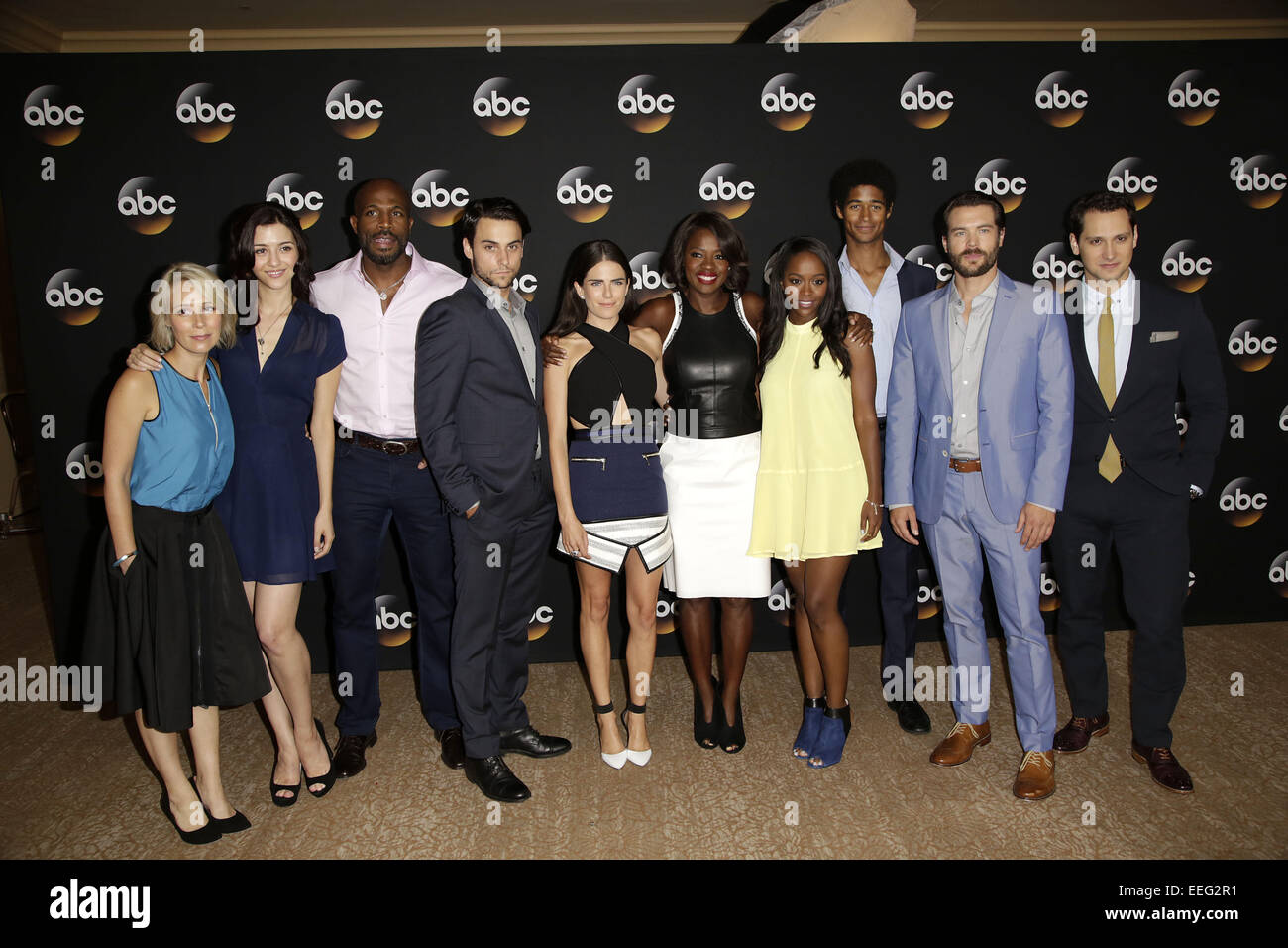 Celebrities attend Disney | ABC TCA 2014 Summer Press Tour at The Beverly Hilton hotel - Arrivals  Featuring: Betsy Beers,Katie Findlay,Billy Brown,Jack Falahee,Karla Souza,Viola Davis,Aja Naomi King,Alfred Enoch,Charlie Weber,Matt McGorry Where: Beverly Stock Photo