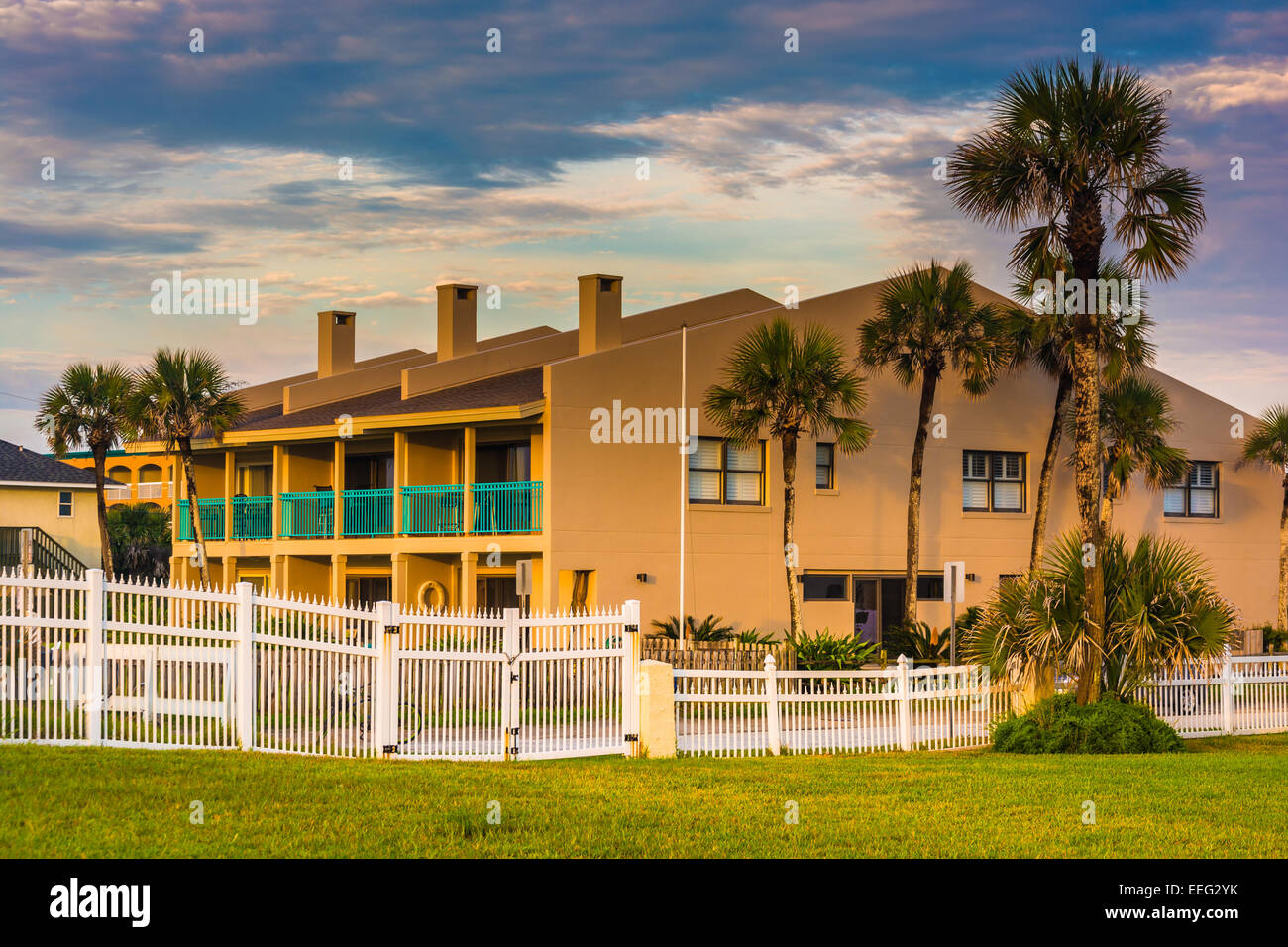 Palm trees and beachfront hotel at St. Augustine Beach, Florida Stock