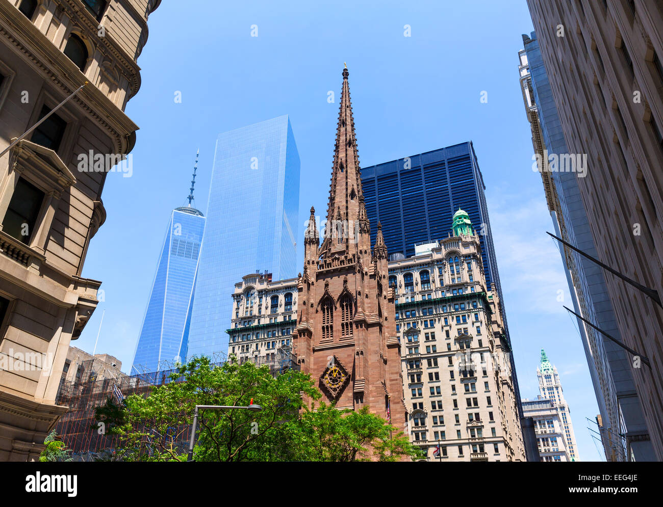 Trinity Church and Freedom Tower Manhattan NYC New York USA Stock Photo