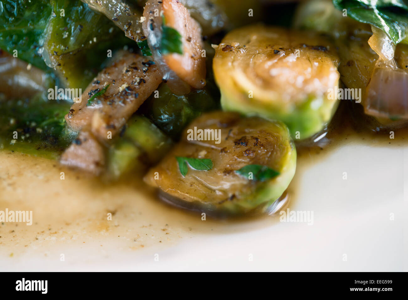 Brussel Sprouts cooked with Bacon Stock Photo