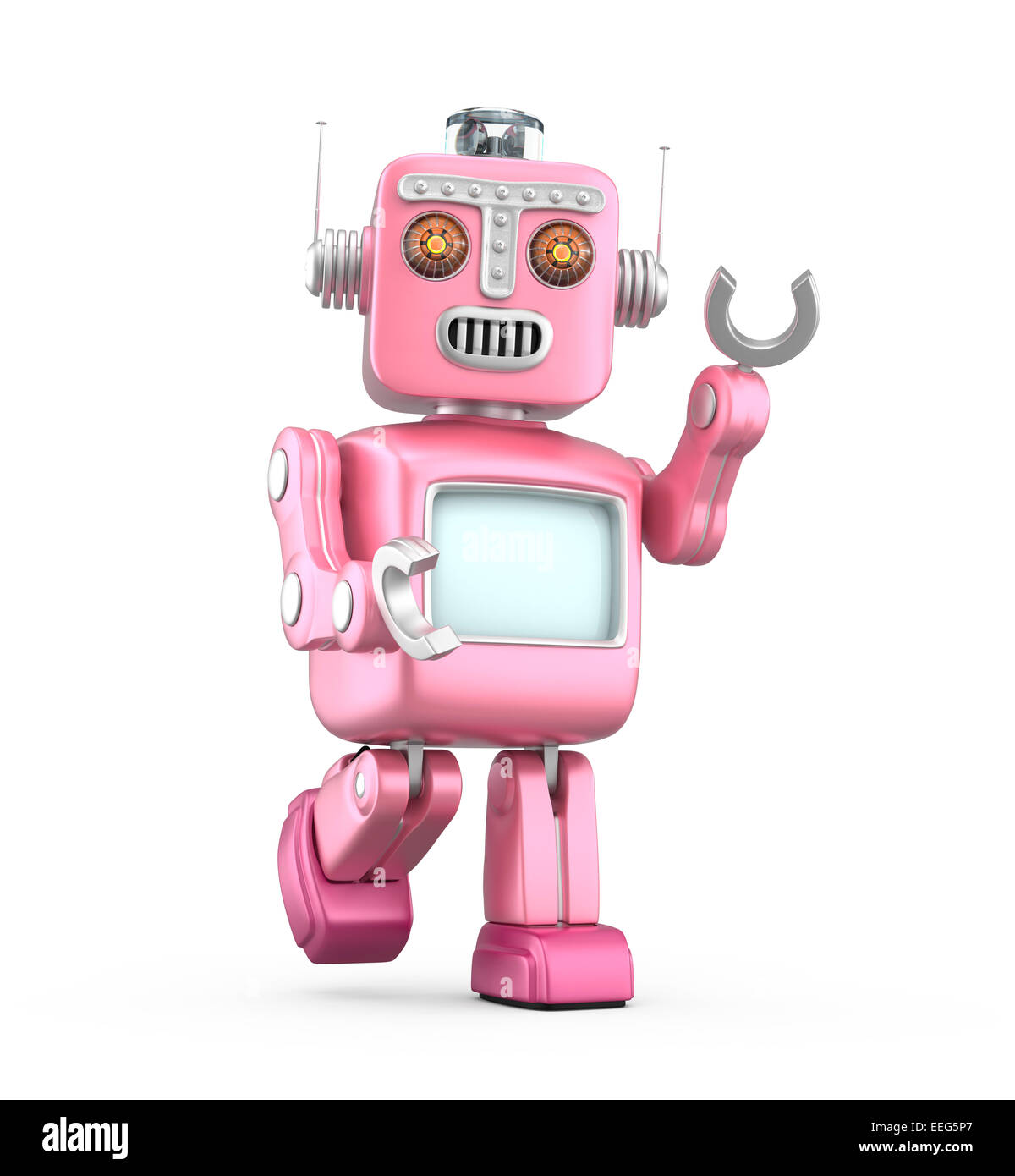 Cute  vintage robot walking and raise left hand say hello Stock Photo