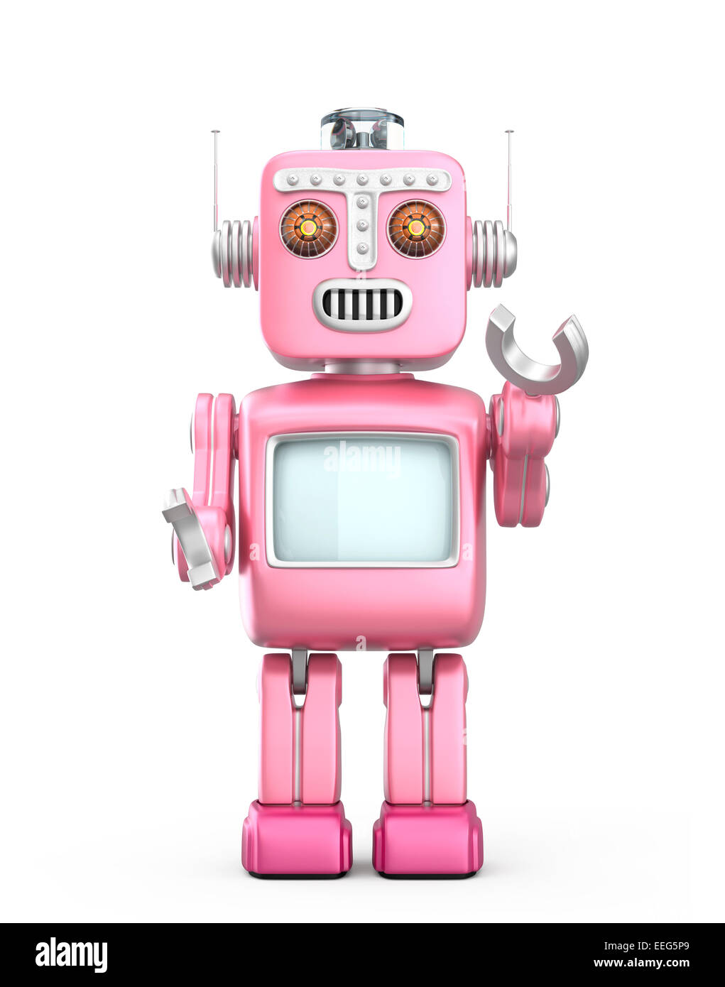 Cute vintage robot raising his hands and look forward Stock Photo