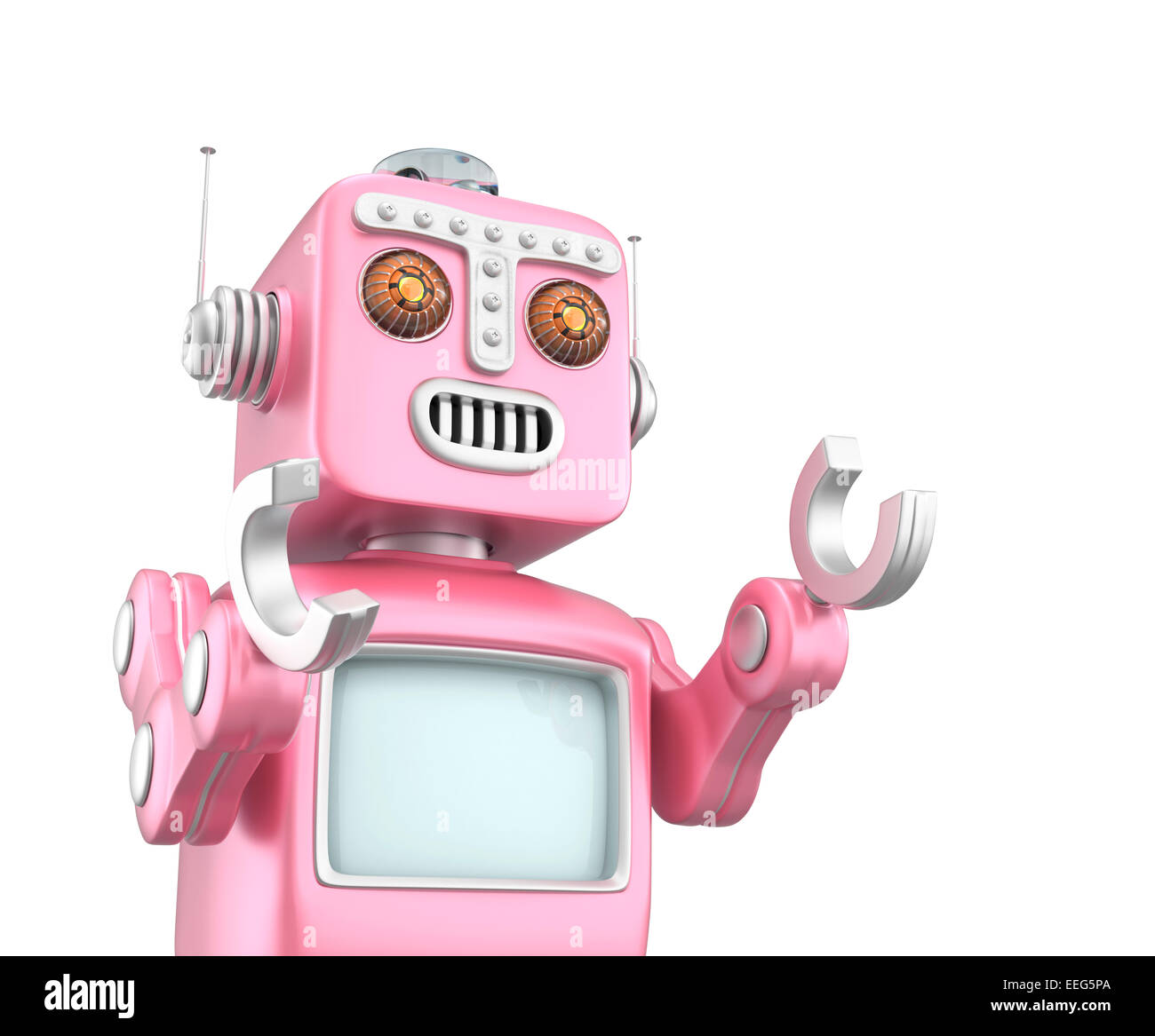 Retro vintage robot raising hands and looks happy Stock Photo