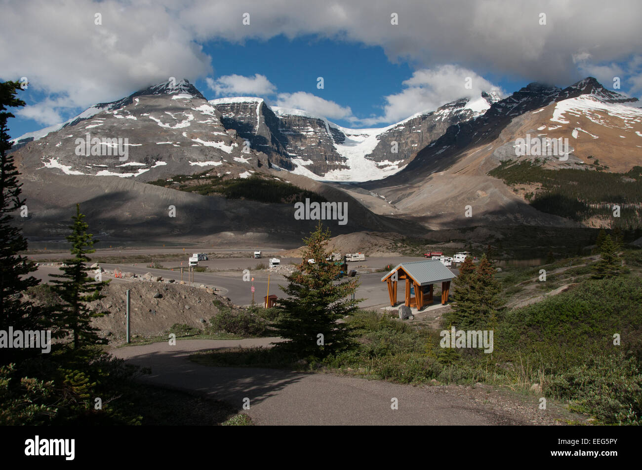 Athabasca Glacier and Columbia Icefield as seen from above the Columbia Icefield Discovery Centre,  Icefields Parkway, Canada Stock Photo