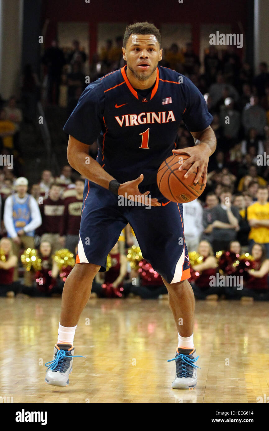 Massachusetts, USA. 17th Jan 2015.  Virginia Cavaliers guard Justin Anderson (1) with the ball during the first half of an NCAA basketball game between the Virginia Cavaliers and Boston College Eagles at Conte Forum in Chestnut Hill, Massachusetts. Virginia defeated Boston College 66-51.  Credit:  Cal Sport Media/Alamy Live News Stock Photo