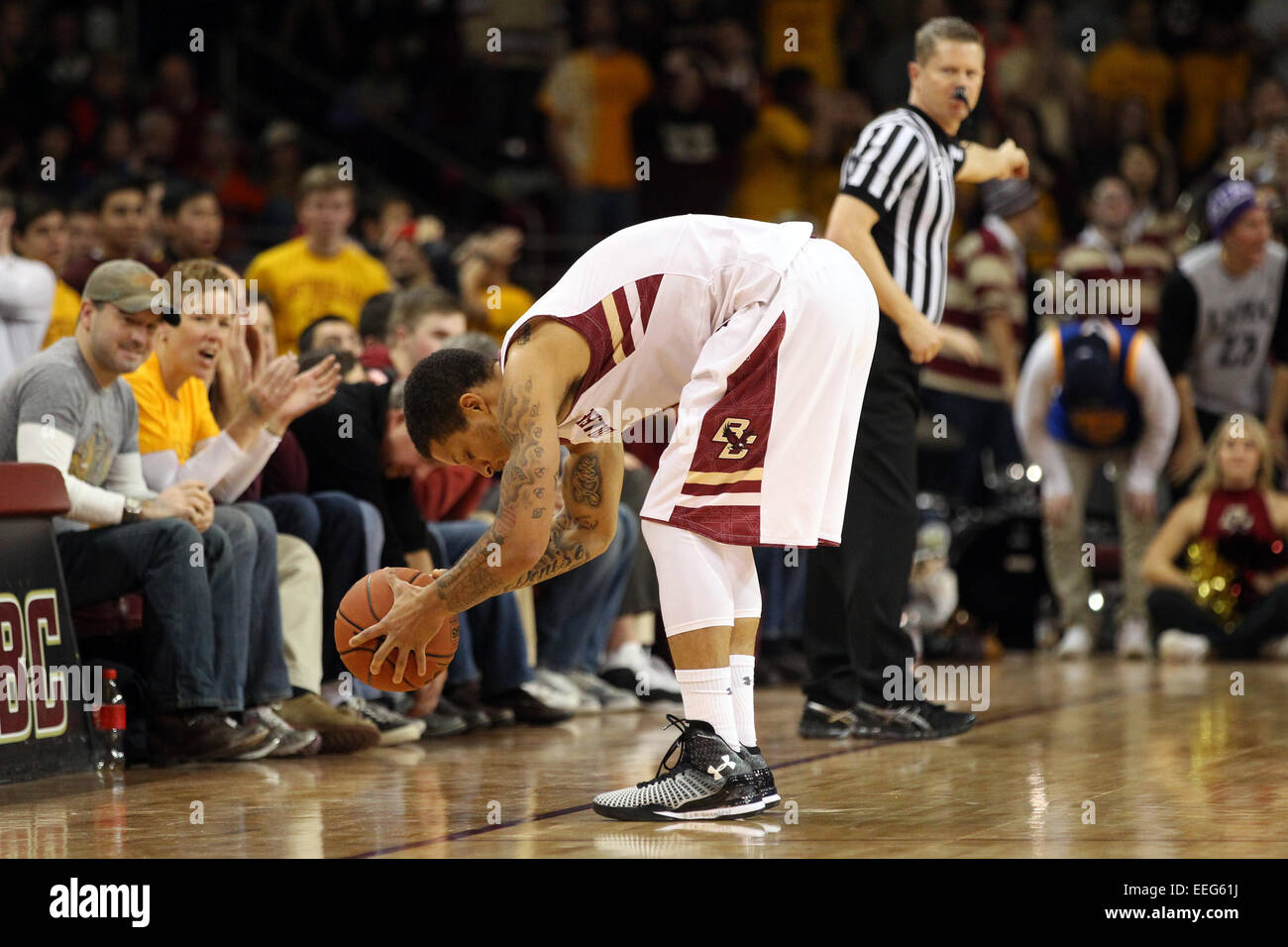 Massachusetts, USA. 17th Jan 2015.  Boston College Eagles guard Dimitri Batten (1) react after stepping out of bounds during the second half of an NCAA basketball game between the Virginia Cavaliers and Boston College Eagles at Conte Forum in Chestnut Hill, Massachusetts. Virginia defeated Boston College 66-51.  Credit:  Cal Sport Media/Alamy Live News Stock Photo