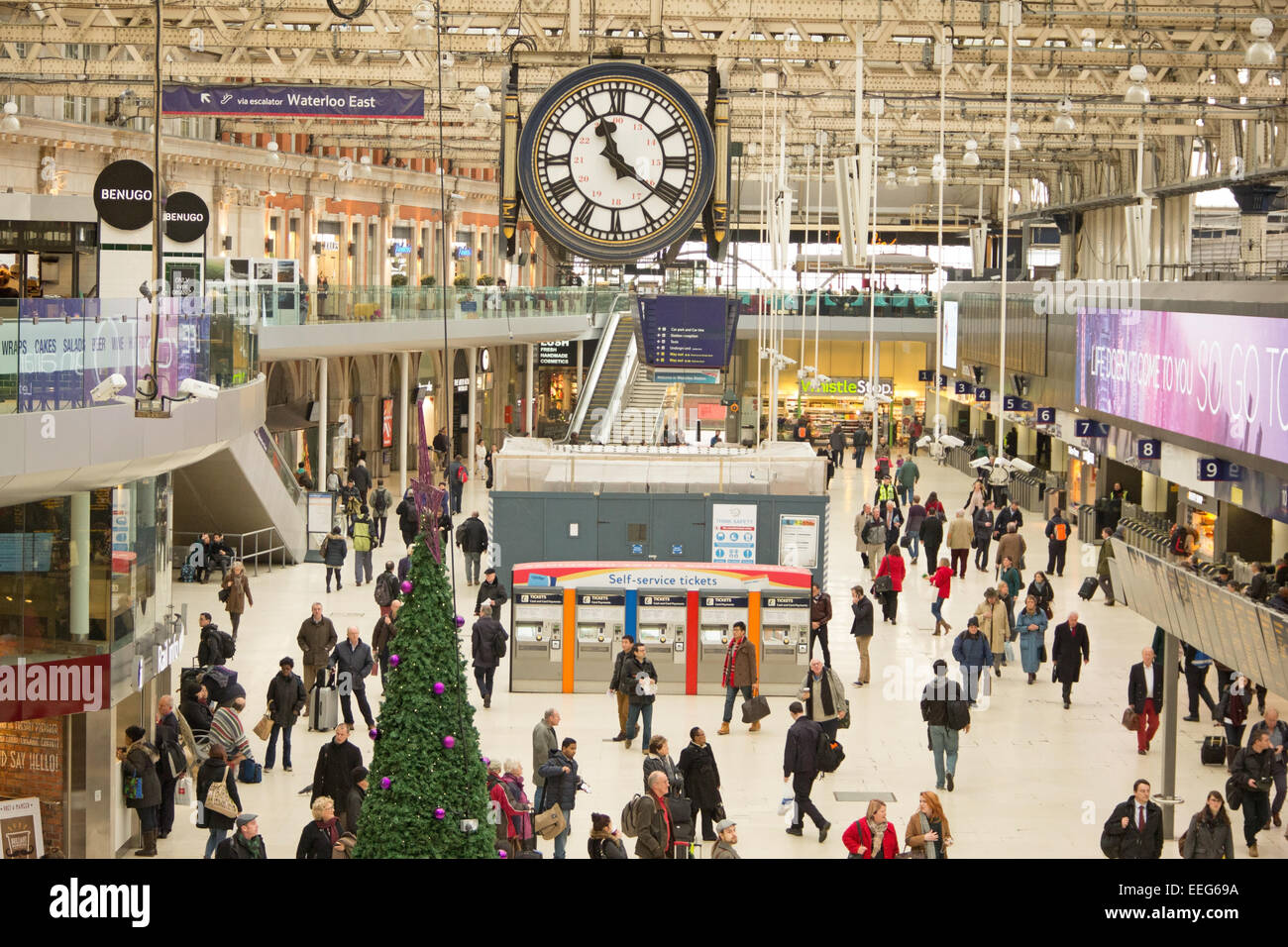 Waterloo Station in London. This is a central London railway terminus