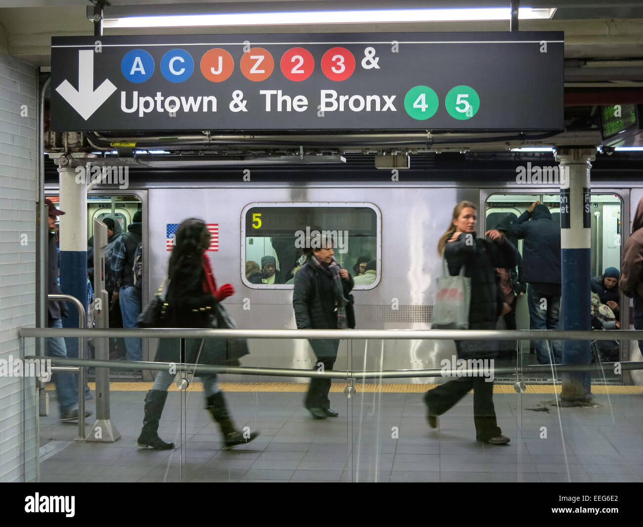 5 Train Arriving, The Fulton Center Subway Station in Lower Manhattan ...