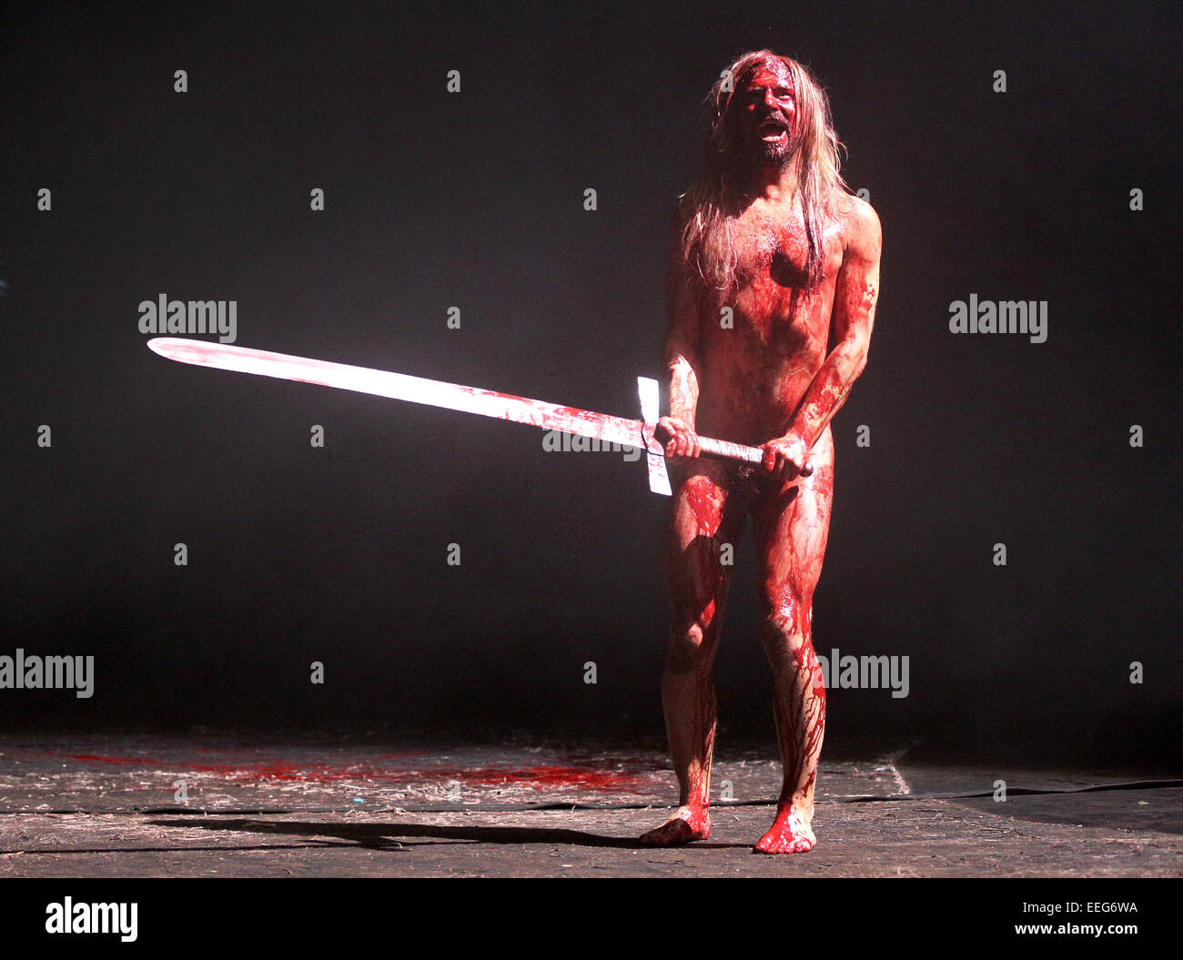 Actor Philipp Hochmair as Siegfried on stage during a press rehearsal of the piece 'Der Ring: Siegfried/Goetterdaemmerung' in the Thalia Theater in Hamburg, Germany 15 January 2015. The piece celebrates its premiere on 17 January 2015. Photo: CHRISTIAN CHARISIUS/dpa Stock Photo