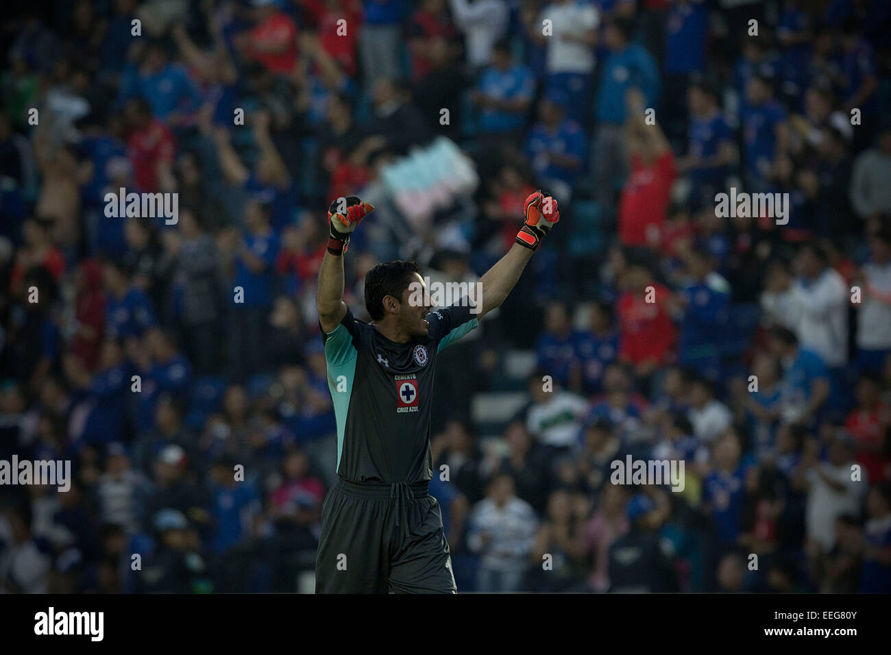 Mexico City, Mexico. 17th Jan, 2015. Cruz Azul's goalkeeper Jesus Corona celebrates during the match corresponding to the Day 2 of the Closing Tournament 2015 of the MX League against Santos, held in the Azul Stadium, in Mexico City, capital of Mexico, on Jan. 17, 2015. Credit:  Alejandro Ayala/Xinhua/Alamy Live News Stock Photo