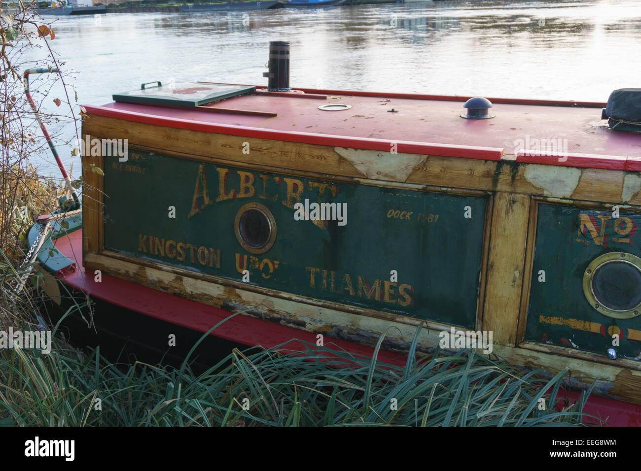 The narrowboat Albert moored on the River Thames near Shepperton, UK Stock Photo