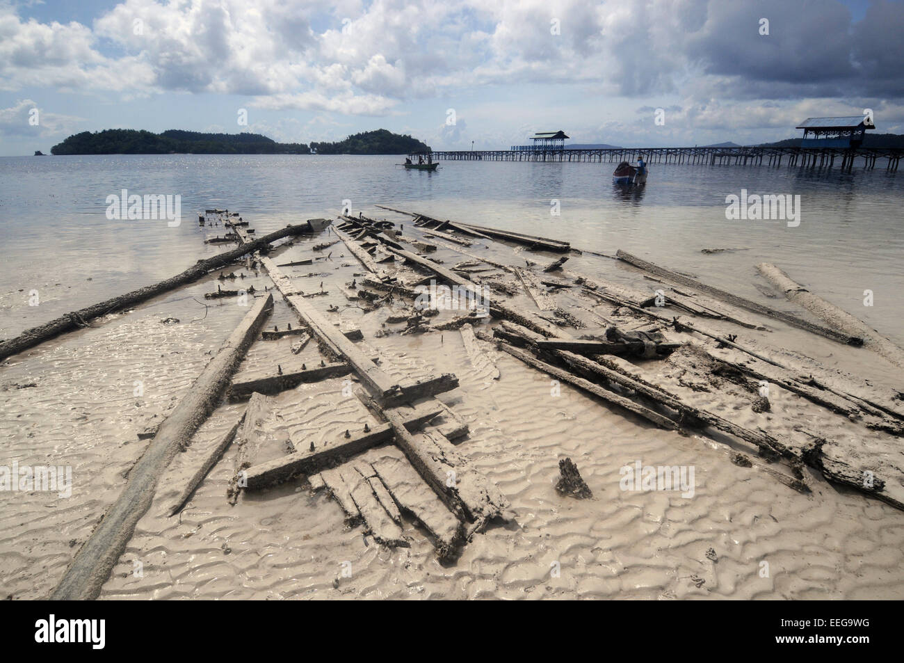Old wooden shipwreck visible at low tide on the seagrass flats out the front of Yenbeser village, Gam Island, Raja Ampat, Papua Stock Photo