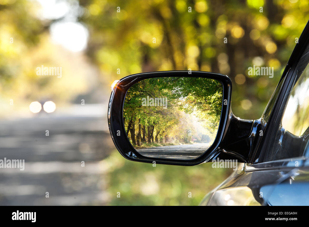 Reflection of  sunny autumn road at the car side mirror. Stock Photo