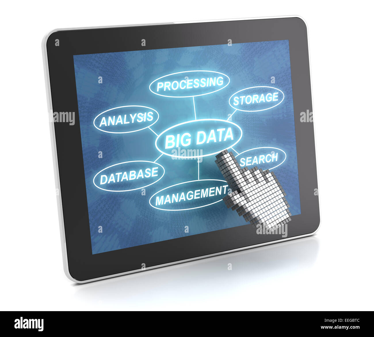 Clicking on a tablet with words related to Big data Stock Photo