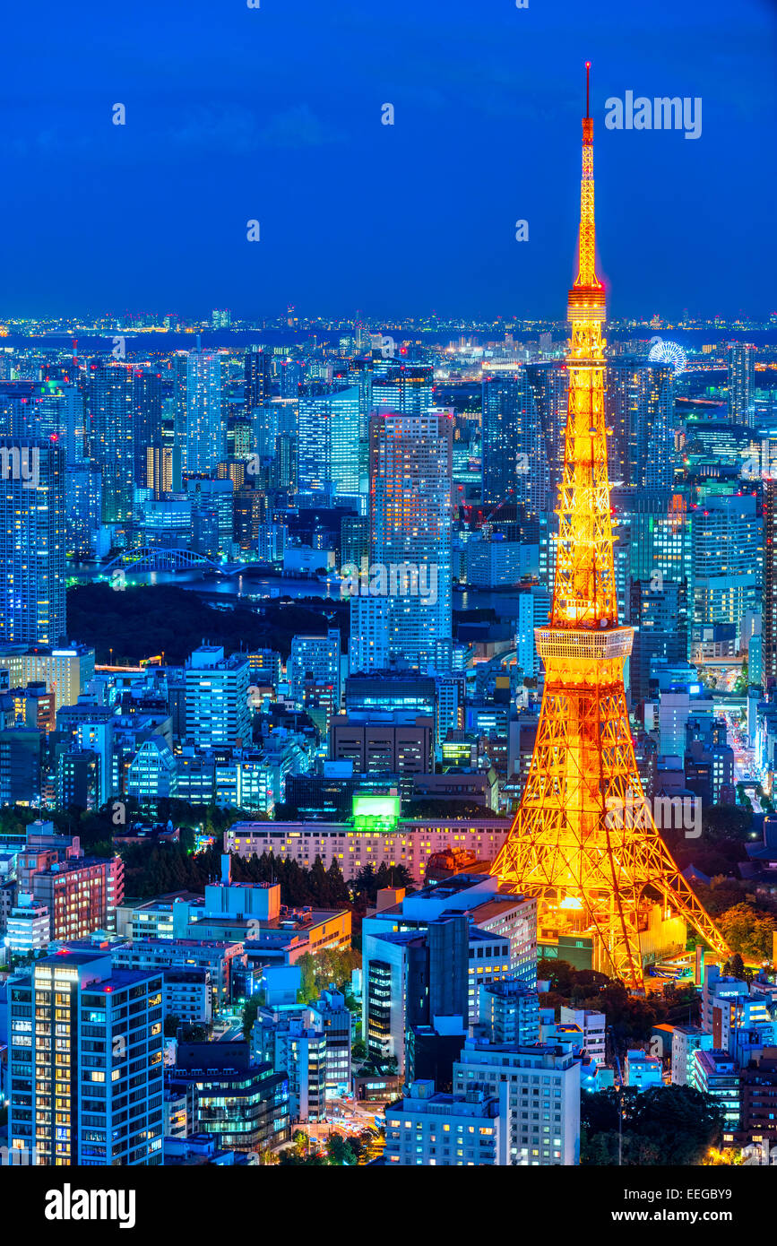 Tokyo skyline, with the Skytre and the Flamme d'or building, Japan. Stock Photo
