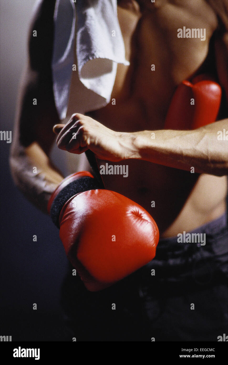 Hamburg, Germany, naked torso of a boxer with boxing gloves Stock Photo