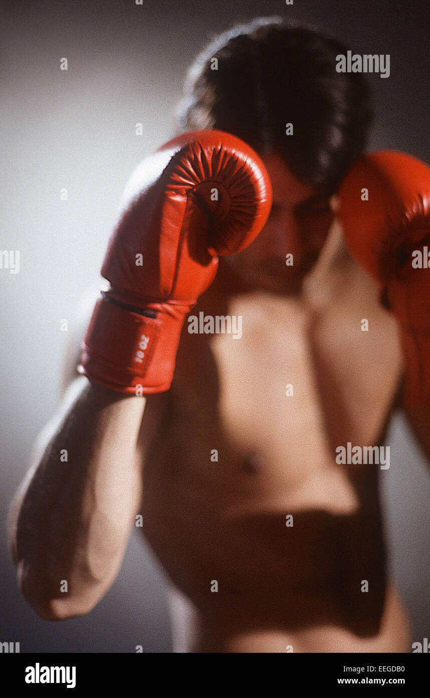 Hamburg, Germany, boxer in fighting pose with boxing gloves Stock Photo