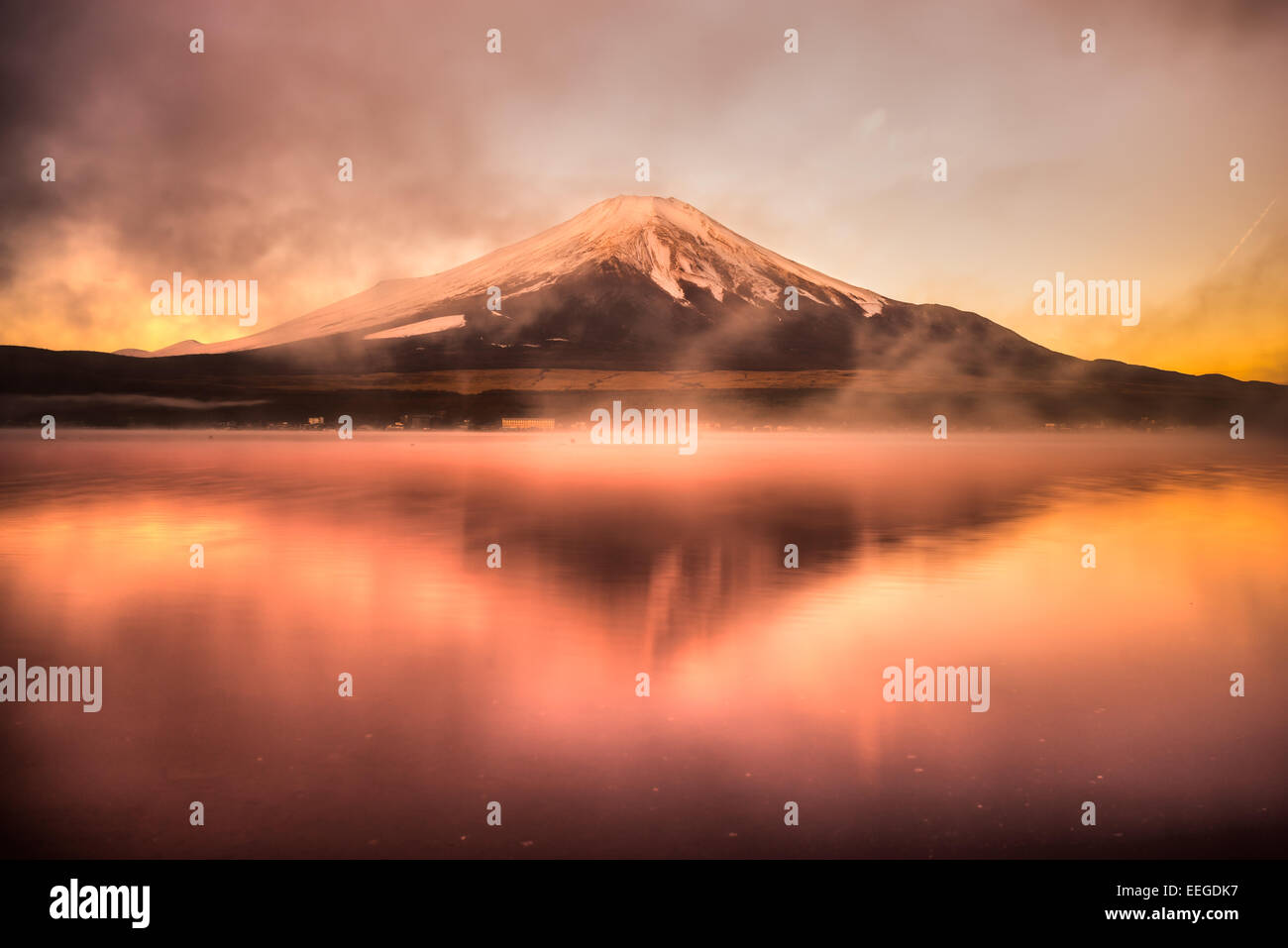 Mount Fuji reflected in Lake Yamanaka at dawn, Japan. Stock Photo