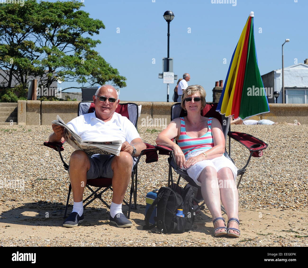 Members of the public enjoy the hot weather on Southend Beach  Featuring: Atmosphere Where: London, United Kingdom When: 16 Jul 2014 Stock Photo