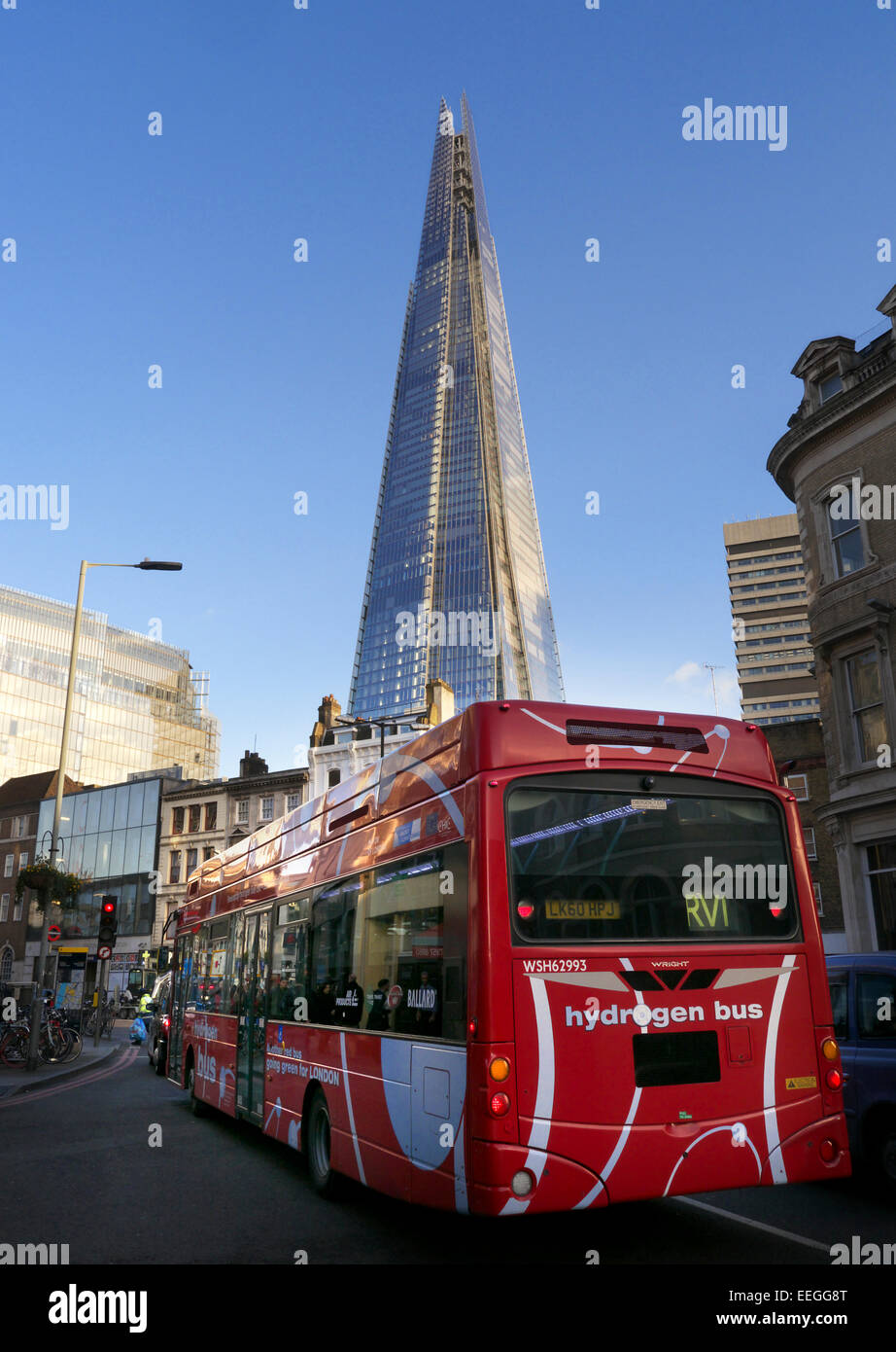 The London Shard with new clean technology hydrogen powered red London bus in foreground  London UK Stock Photo