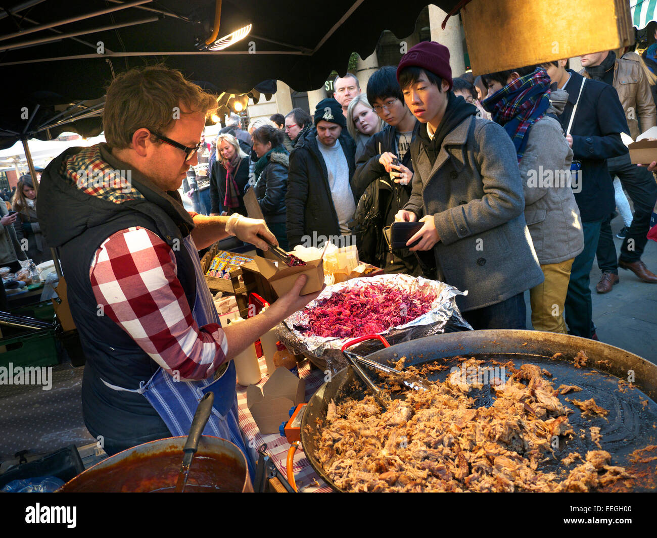 Hot fast food on sale at Covent Garden street food piazza market Stock ...