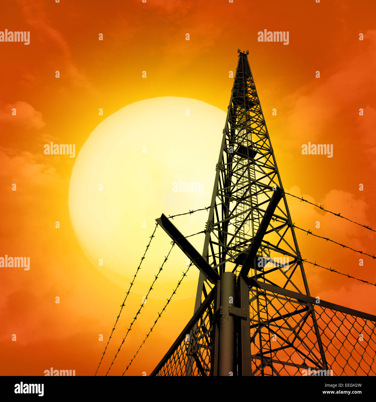 Communications tower with radio, phone transmitters and receivers Stock