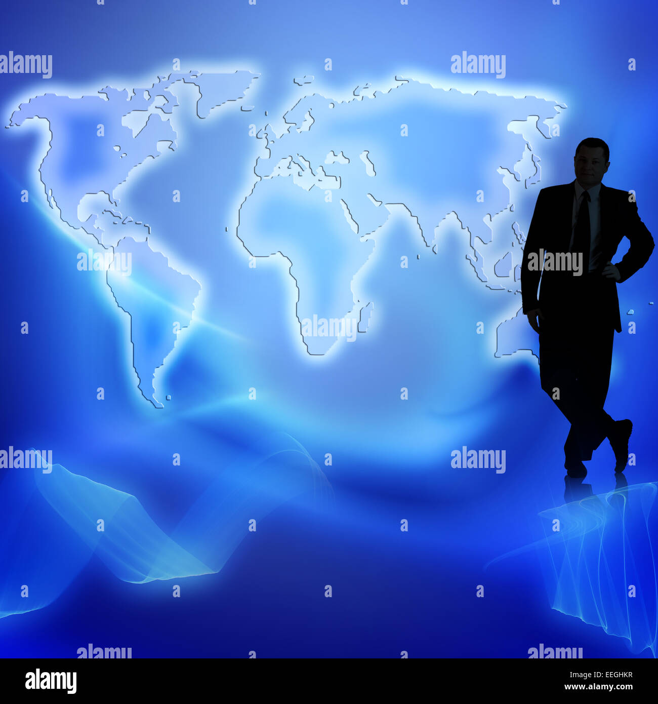 silhouette of a businessman on world map background Stock Photo - Alamy