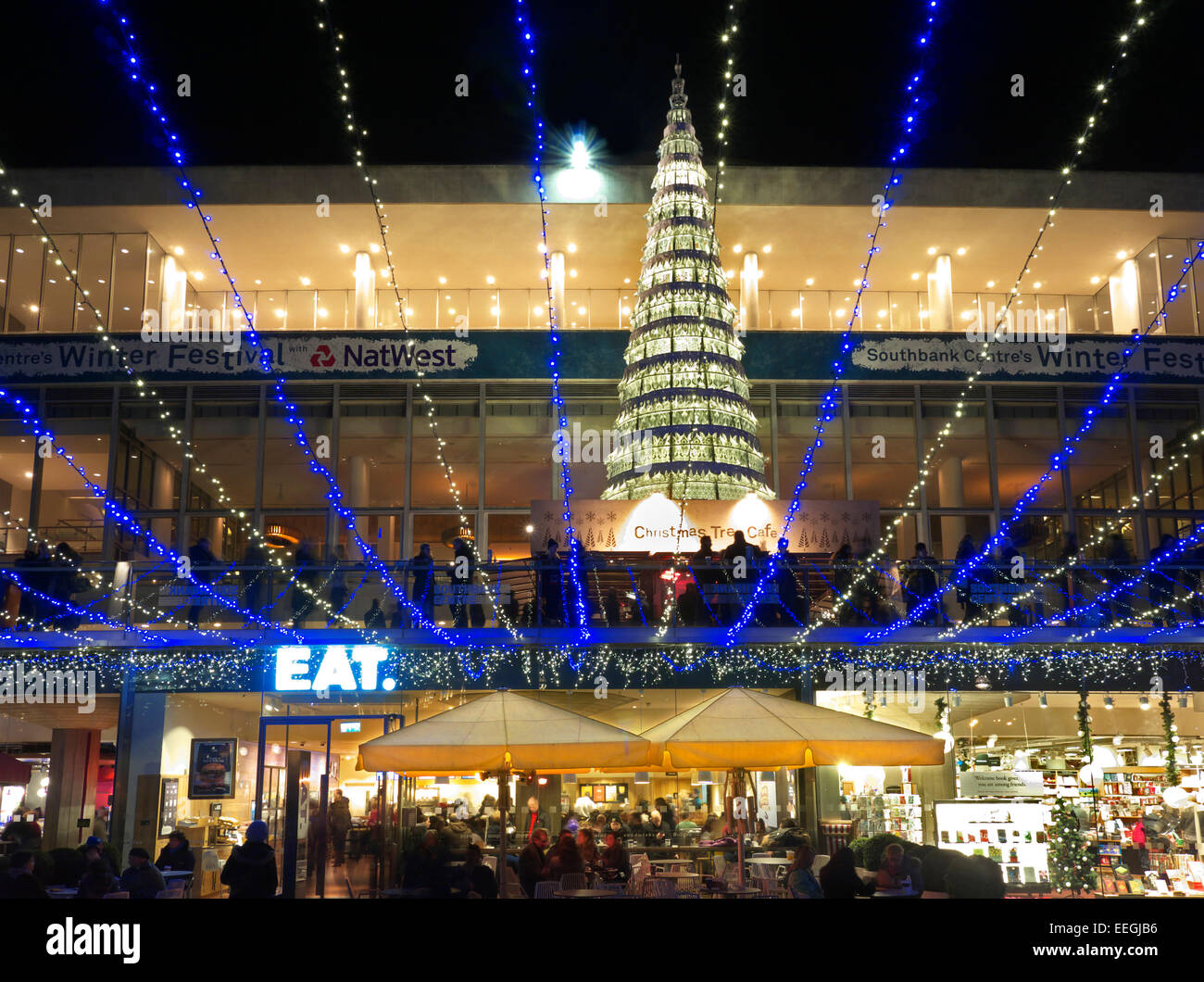 SouthBank centre at Christmas with tree, lights and busy alfresco restaurants London SouthBank SE1 Stock Photo