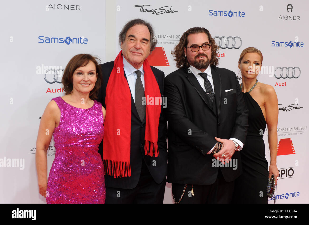 Munich, Germany. 17th Jan, 2015. Jasna Vavra (L-R) of Universum-Film, US movie director Oliver Stone, producer Philip Schulz-Deyle and female company arrive at the 42th German Film Ball at the Hotel Bayerischer Hof in Munich, Germany, 17 January 2015. PHOTO: Tobias Hase/dpa/Alamy Live News Stock Photo