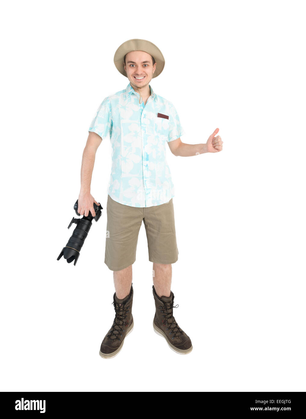 brown shorts blue shirt