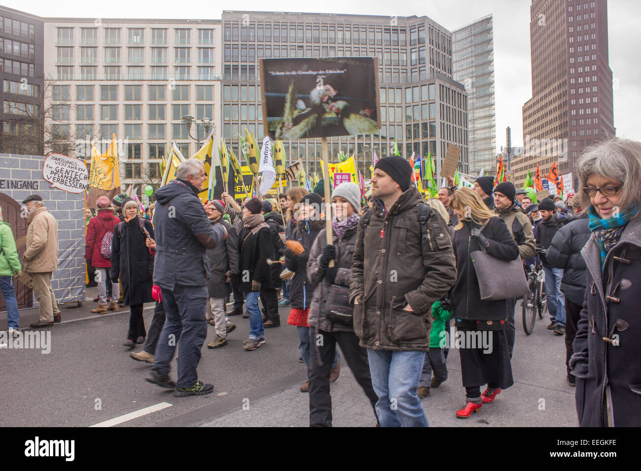 Thousands of people protest against industrial barns, where animals are in sufferable conditions on January 17, 2015 in Berlin. Stock Photo