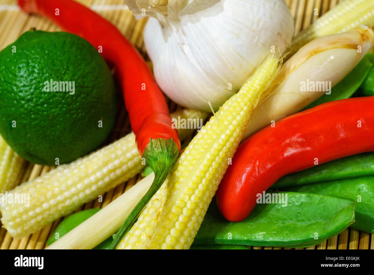 A mixture of colourful and fresh vegetables for a chinese stirfry. Stock Photo