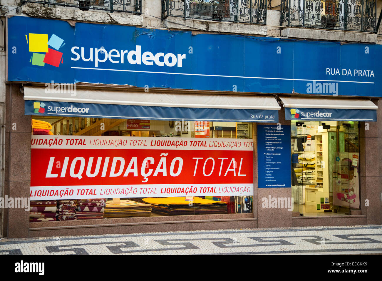 LISBON - JANUARY 13TH: Closing down sale sign at superdecor on January the 13th, 2015, in Lisbon, Portugal. Many Portuguese busi Stock Photo