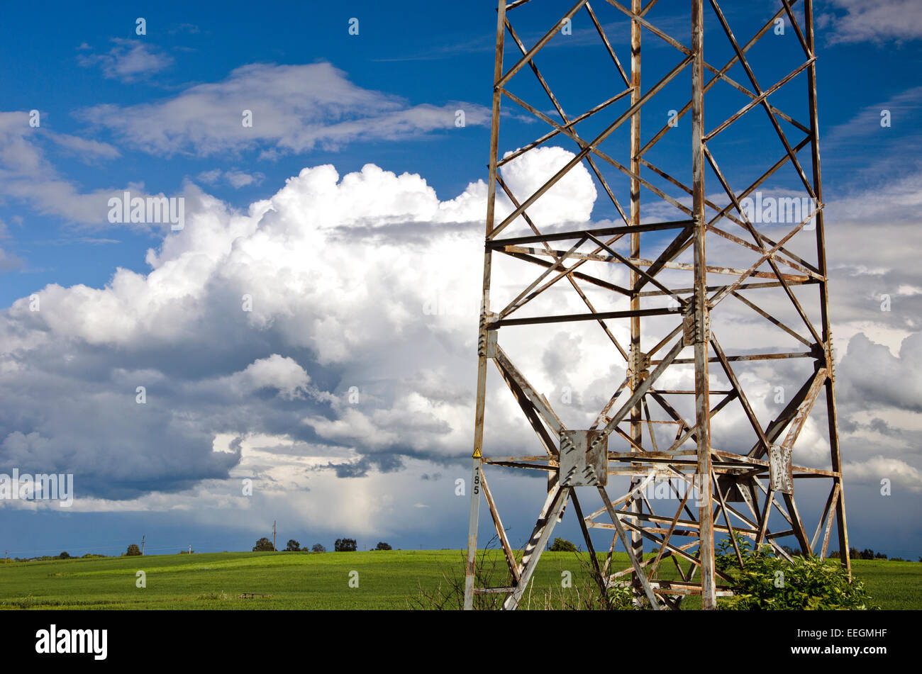 electricity high voltage metal pole on summer evening farmland field ...