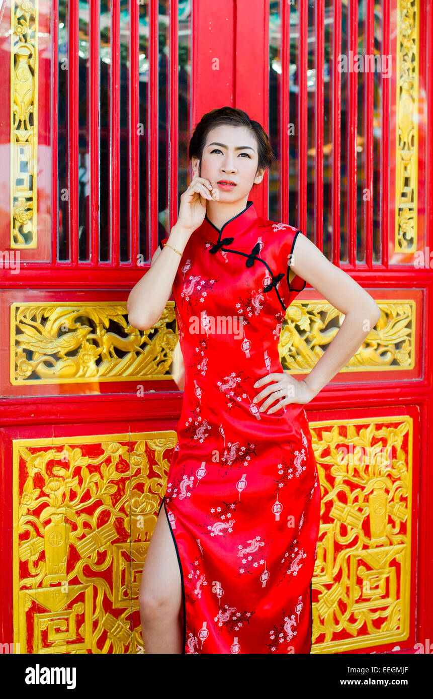 Woman in red dress,Cheongsam dress of ...