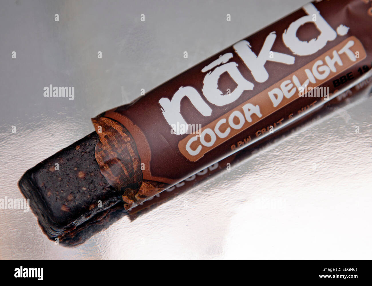 Nakd Cocoa Delight raw fruit and nut bar, London Stock Photo