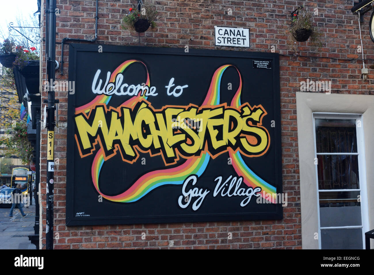 Welcome to Manchester's gay village sign in Canal Street, Manchester. Stock Photo