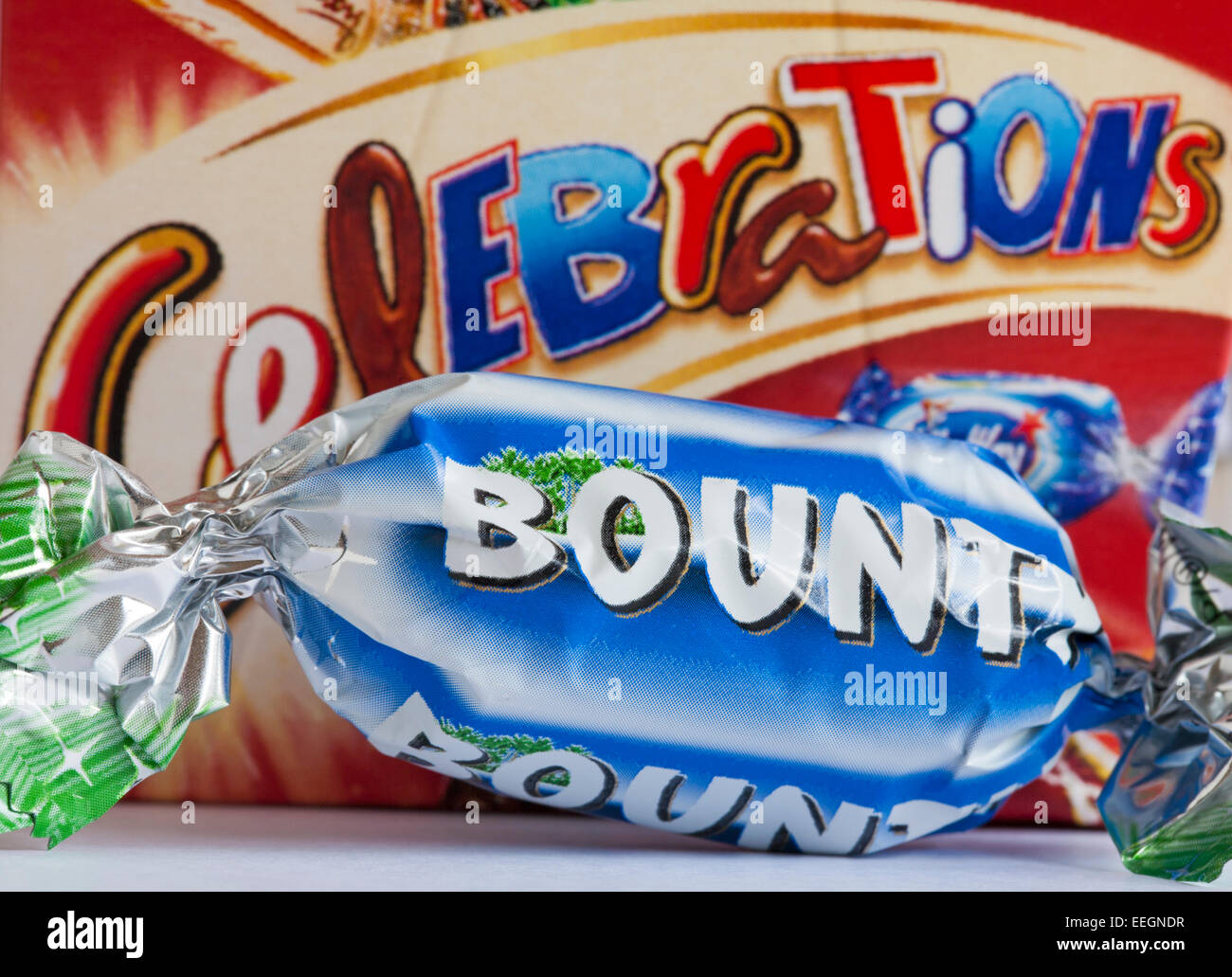 Bounty chocolate removed from box of Celebrations chocolates Stock Photo