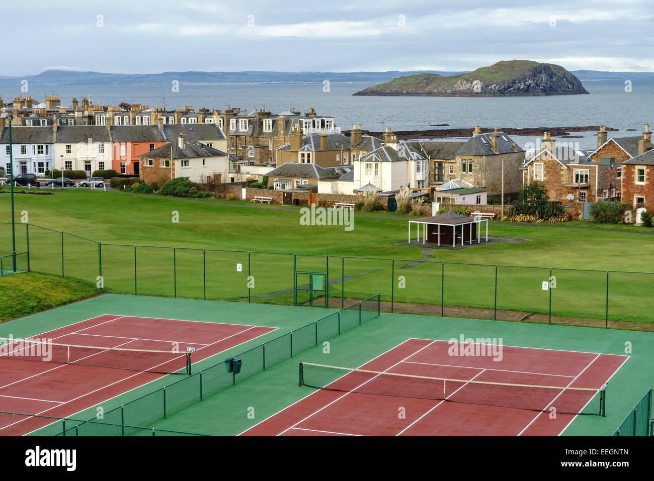 The outdoor tennis courts at North Berwick, looking out to sea. East Lothian, Scotland. Stock Photo