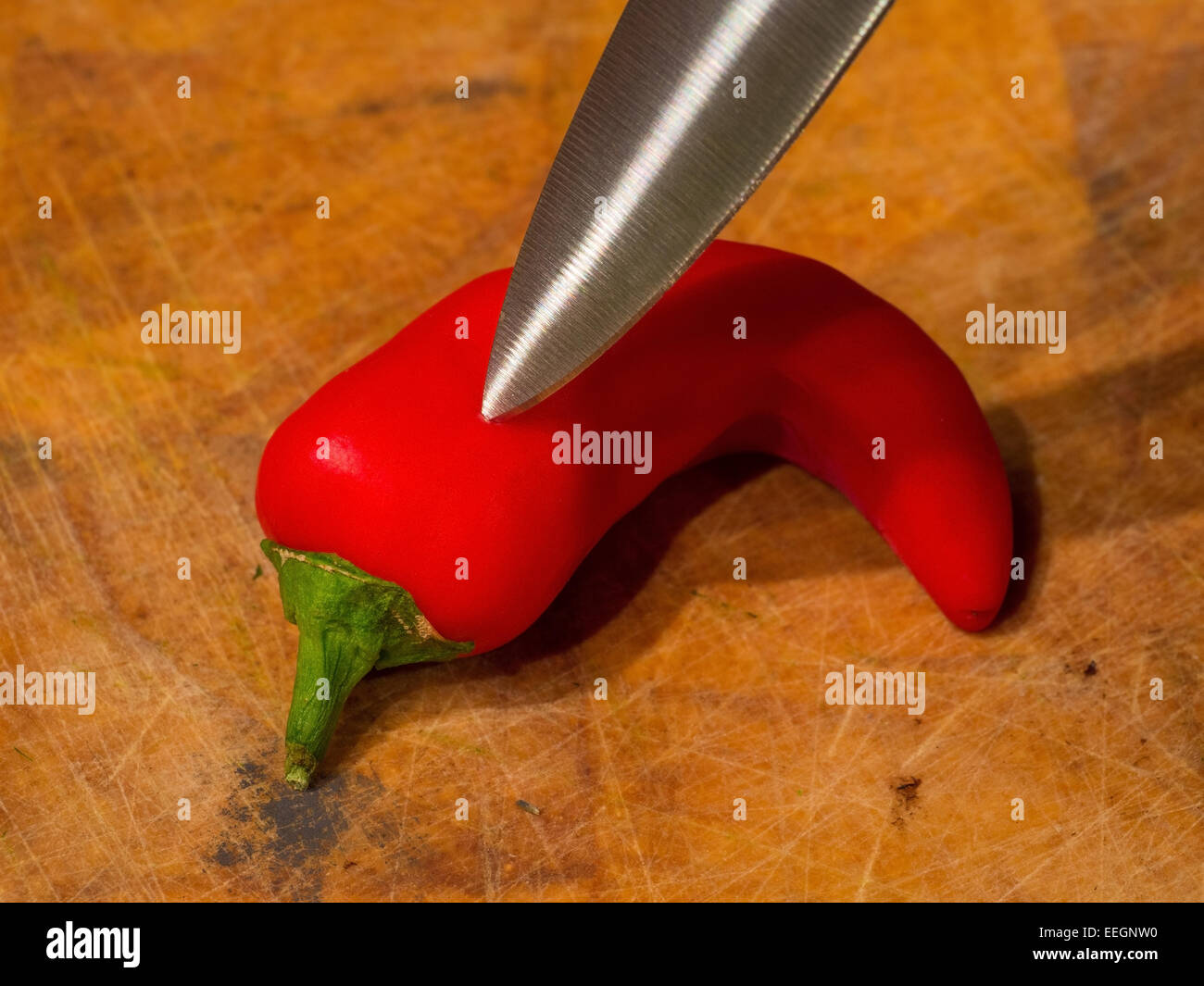 A bright red chili pepper stabbed with a kitchen knife. Stock Photo