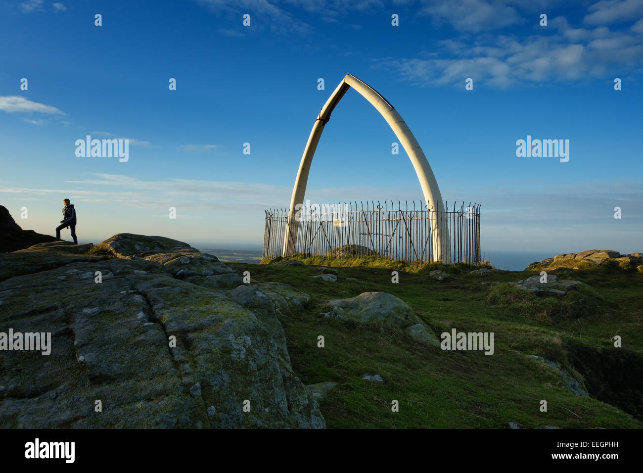 The whale jawbones on the top of North Berwick Law (hill), East Lothian, Scotland. Stock Photo