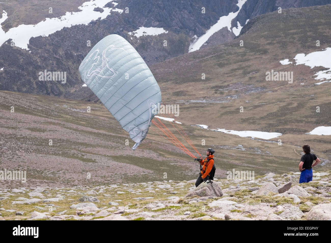 Paragliding from the top of Cairngorm mountain, Scotland. Stock Photo