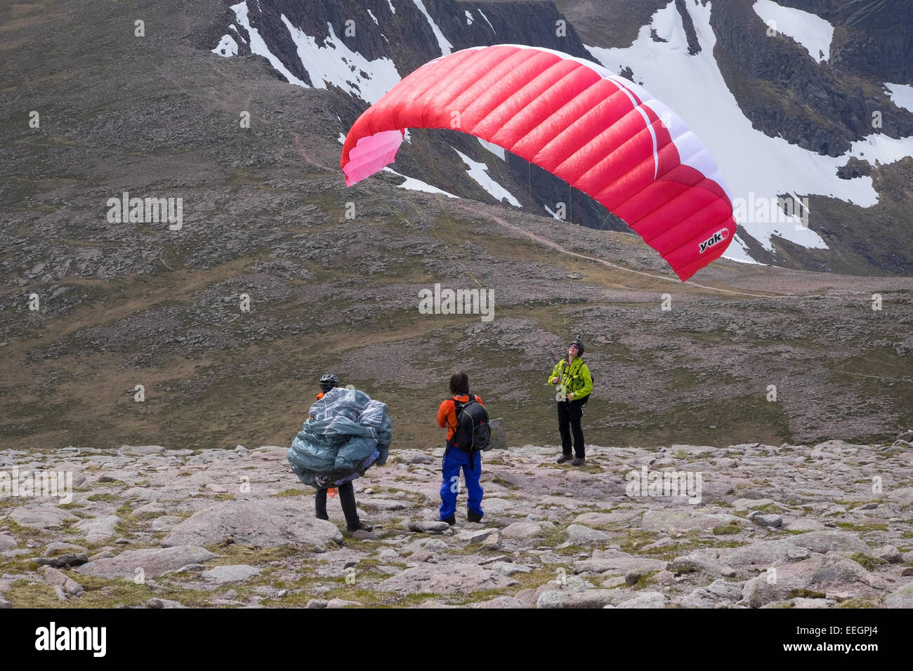 Paragliding from the top of Cairngorm mountain, Scotland. Stock Photo