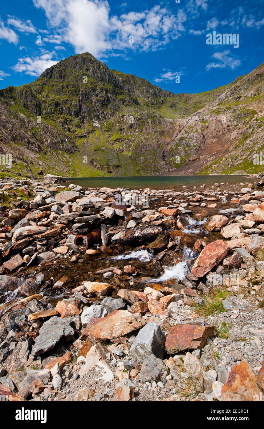 Glaslyn from the Miners Track, with the pointed peak of Snowdon in the Snowdonia National Park. Stock Photo
